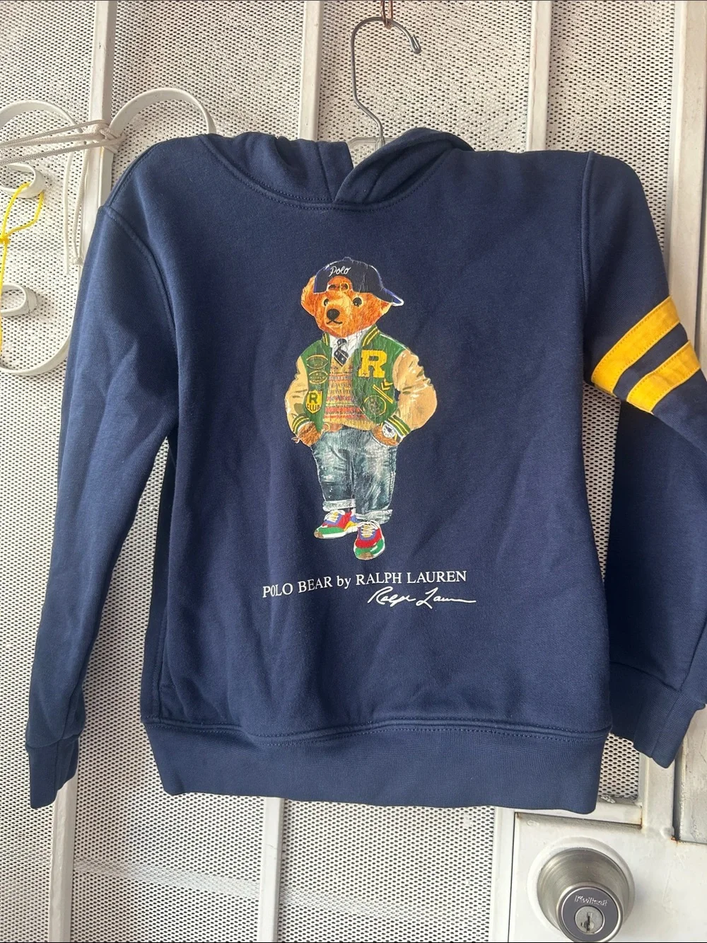 Ralph Lauren Navy Polo Bear Hoodie with Yellow Sleeve Stripes